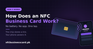 NFC business card showing its internal antenna coil and chip, transmitting to a smartphone