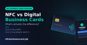 NFC business card tapping a smartphone to open a digital business card profile, illustrating the difference between NFC and digital business cards